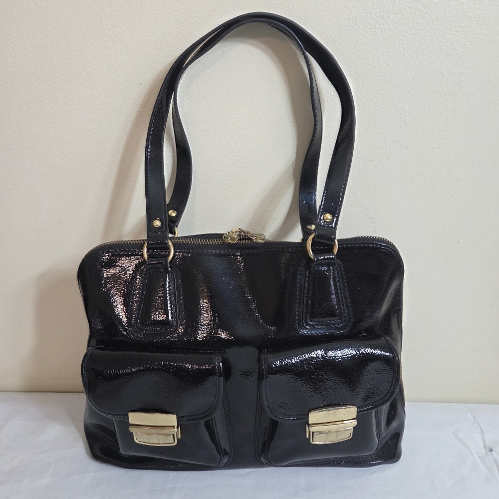 vtg 90s y2k black patent leather franklin covey satchel purse office organizer